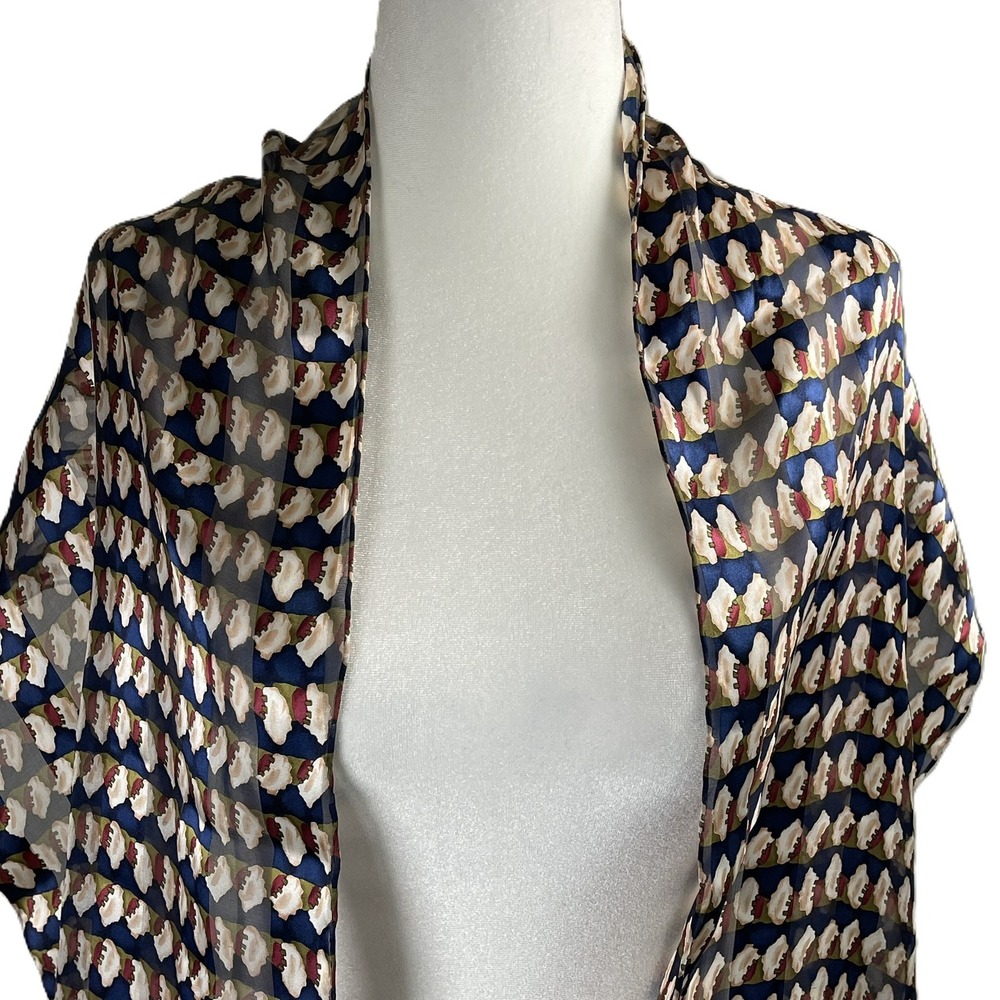 Vintage Style 100% Silk Abstract Geometric Print Scarf Navy Blue Cream 64x13 - Picture 5 of 12